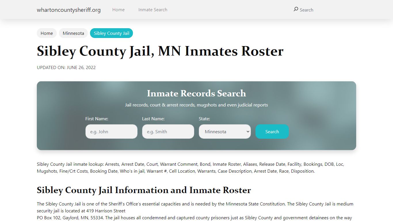 Sibley County Jail, MN Jail Roster, Name Search